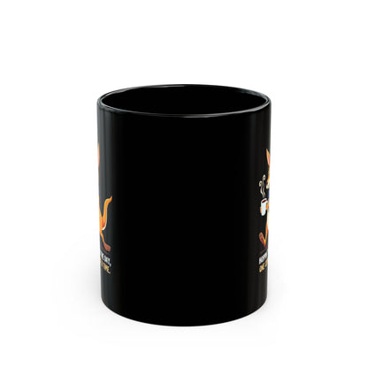 Black coffee mug with kangaroo holding steaming cup, 'Hoppin Through the Day One Cup at a Time' print