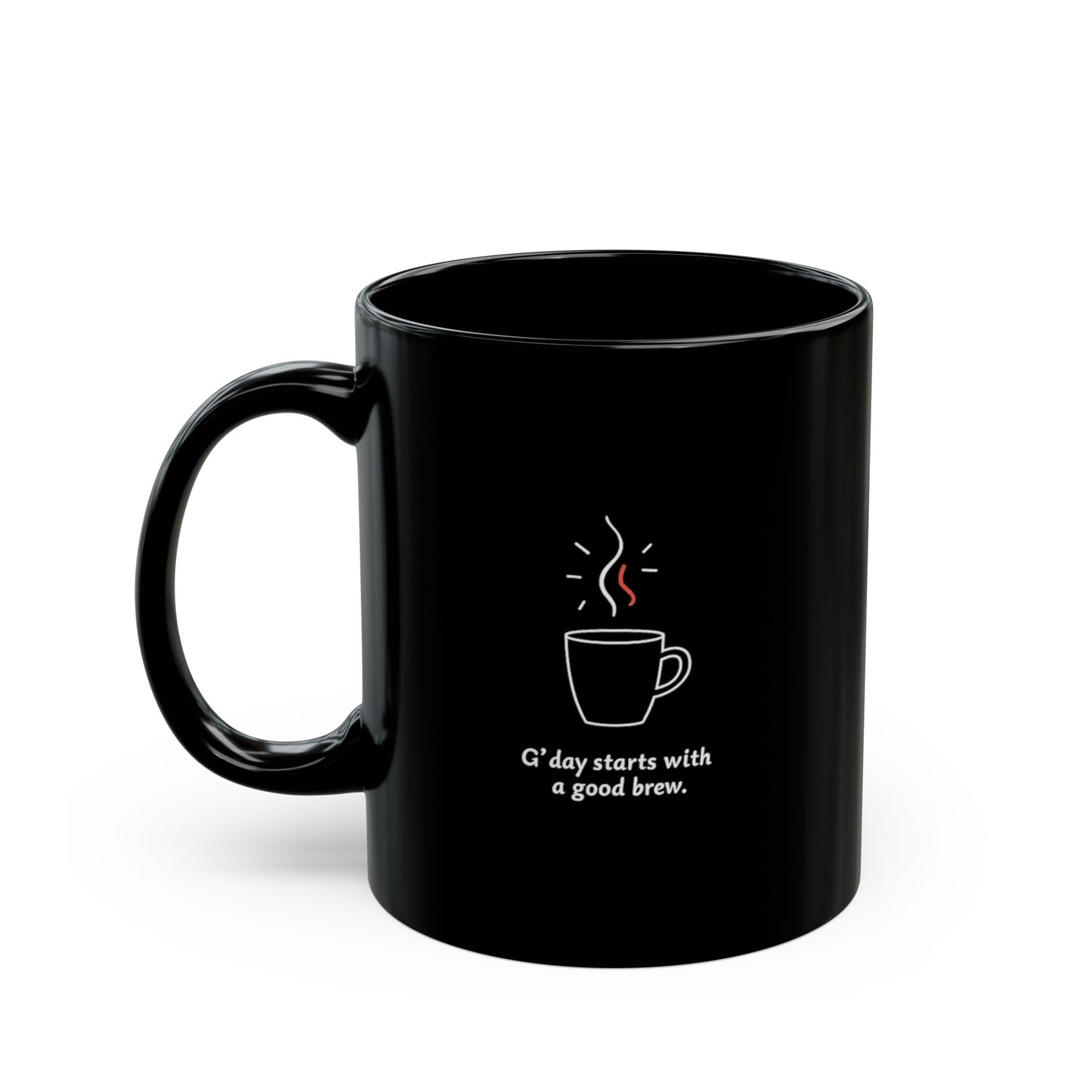 Black ceramic coffee mug with steaming cup illustration and 'G'day starts with a good brew' text