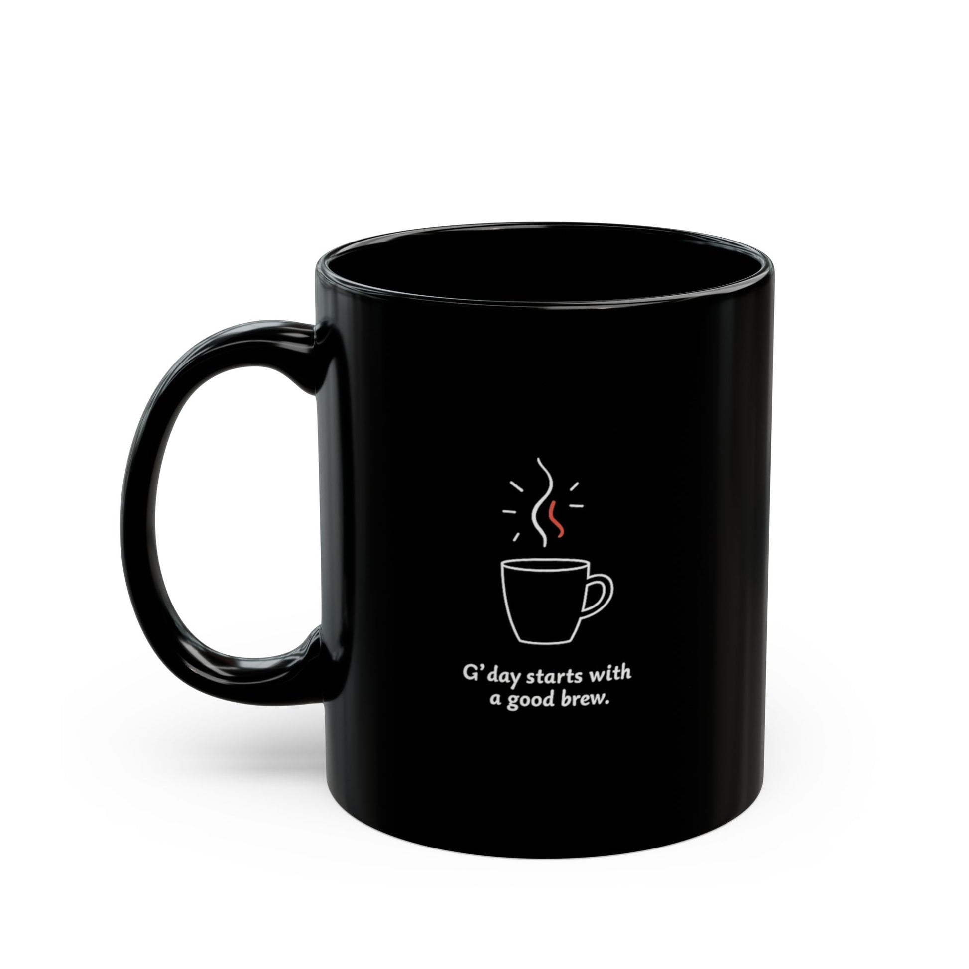 Black ceramic coffee mug with steaming cup illustration and 'G'day starts with a good brew' text