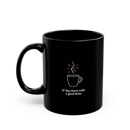 Black ceramic coffee mug with steaming cup illustration and 'G'day starts with a good brew' text