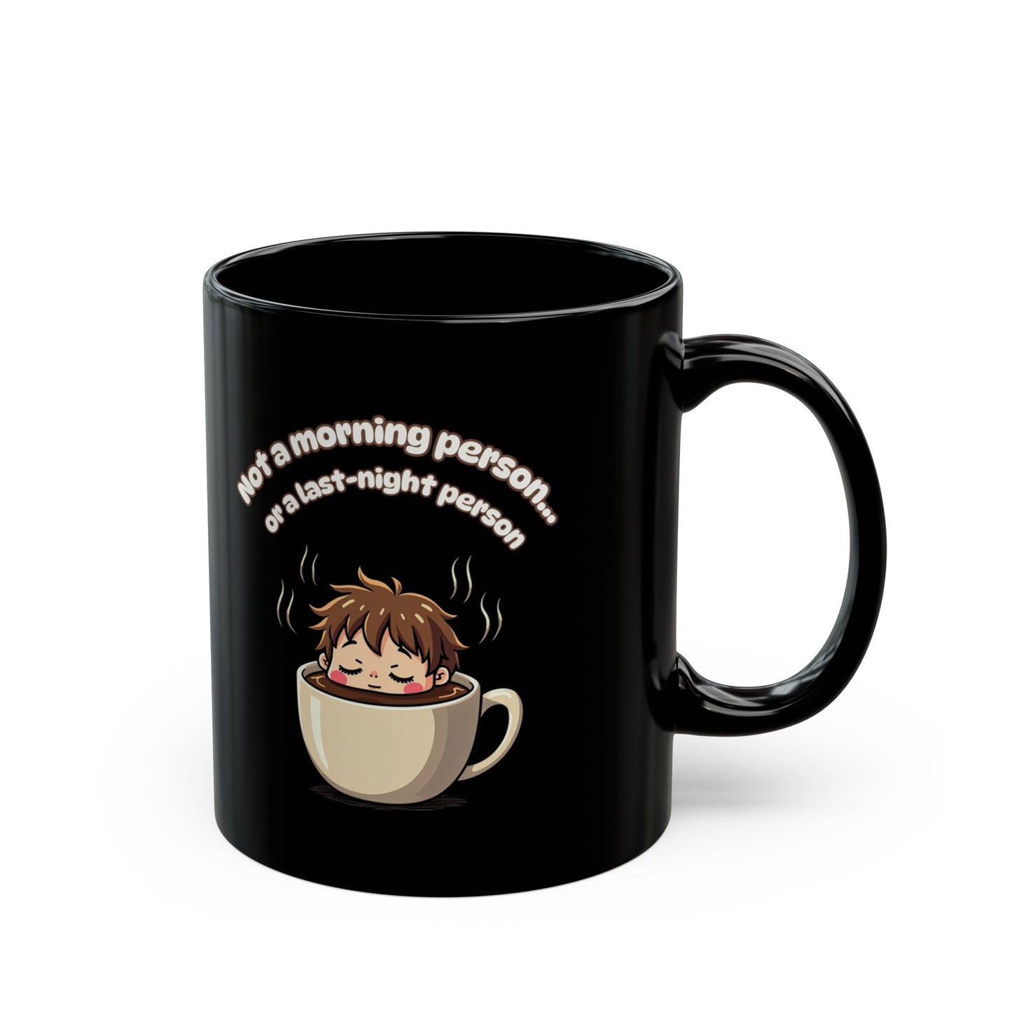 Black coffee mug with cute sleeping cartoon in a cup and 'Not a morning person' text. Funny gift for tired mates.