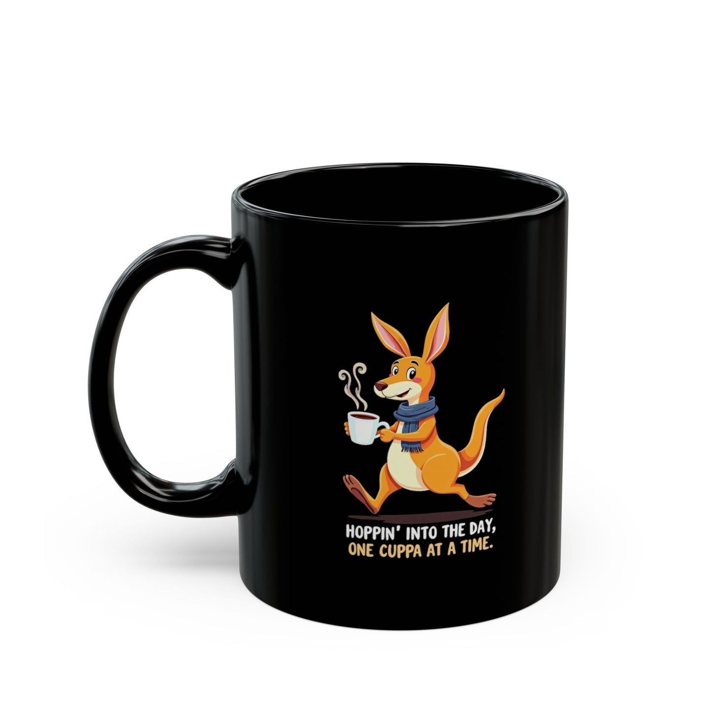Black coffee mug with cartoon kangaroo holding steaming cuppa, text reads Hoppin' Into The Day One Cuppa At A Time