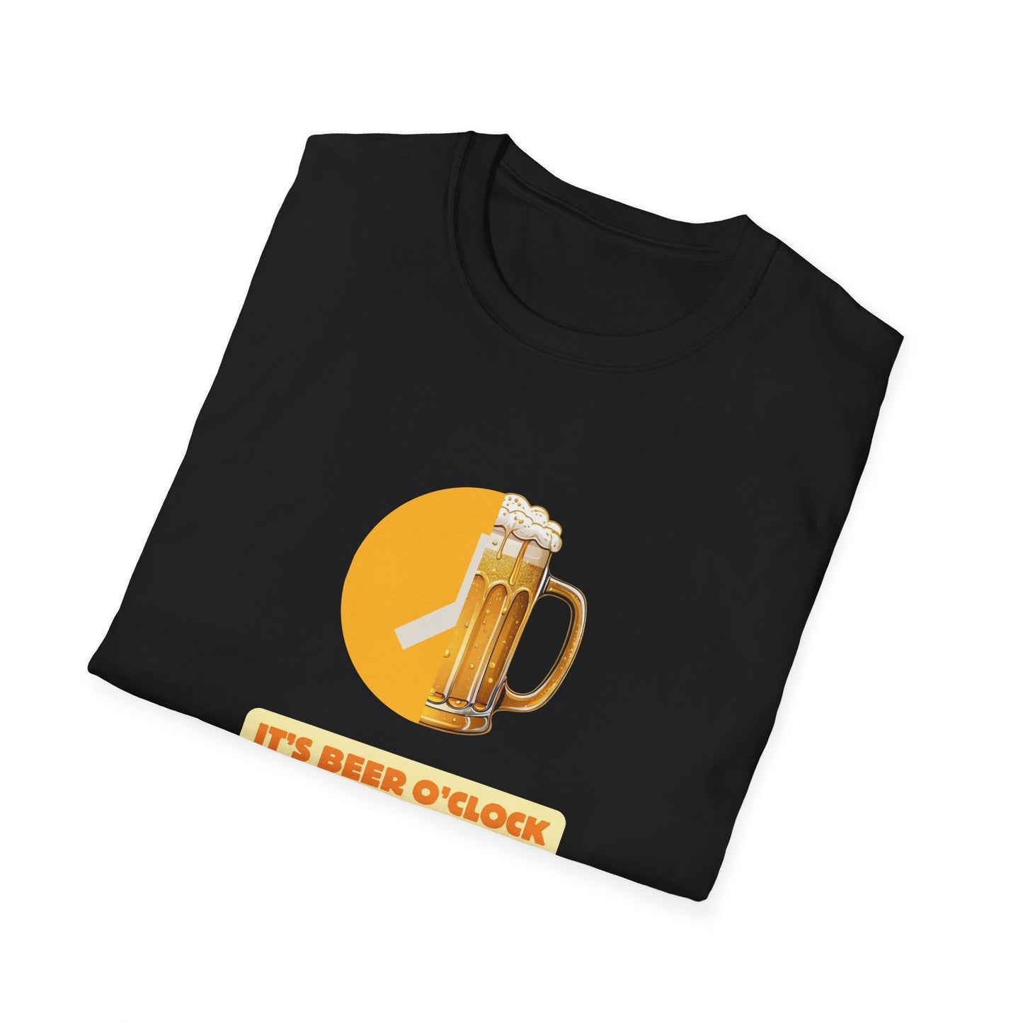 Black Beer O'Clock unisex t-shirt, folded, with foamy beer mug clock graphic and bold orange text on chest