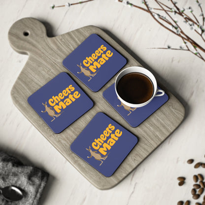 Cheers Mate Coasters set of four, navy blue with gold kangaroo design, styled with a coffee cup on a timber board