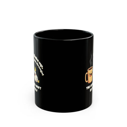 Wake Up black coffee mug with cockatoo cartoon and steaming cup graphic, funny Aussie gift, 11oz ceramic