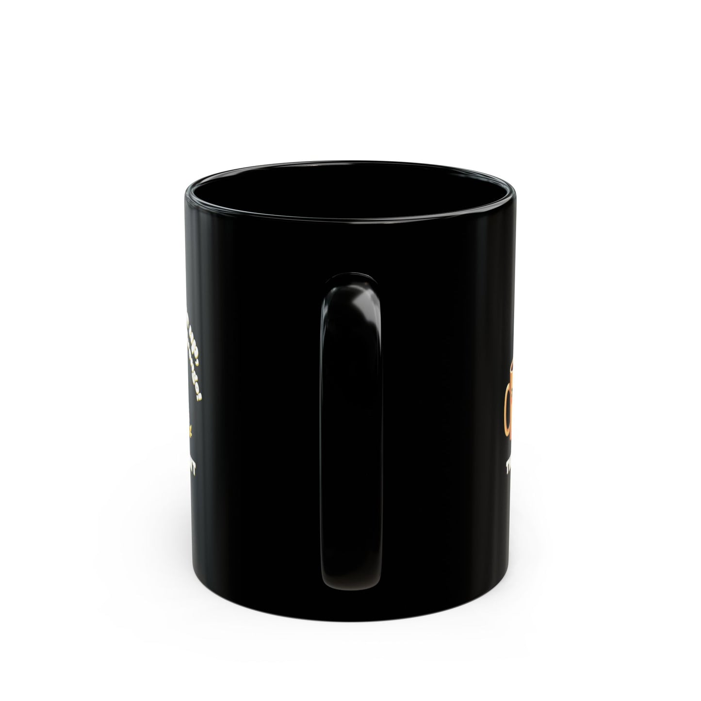 Wake Up Black Coffee Mug shown from back angle, glossy black ceramic with gold text design, 11oz