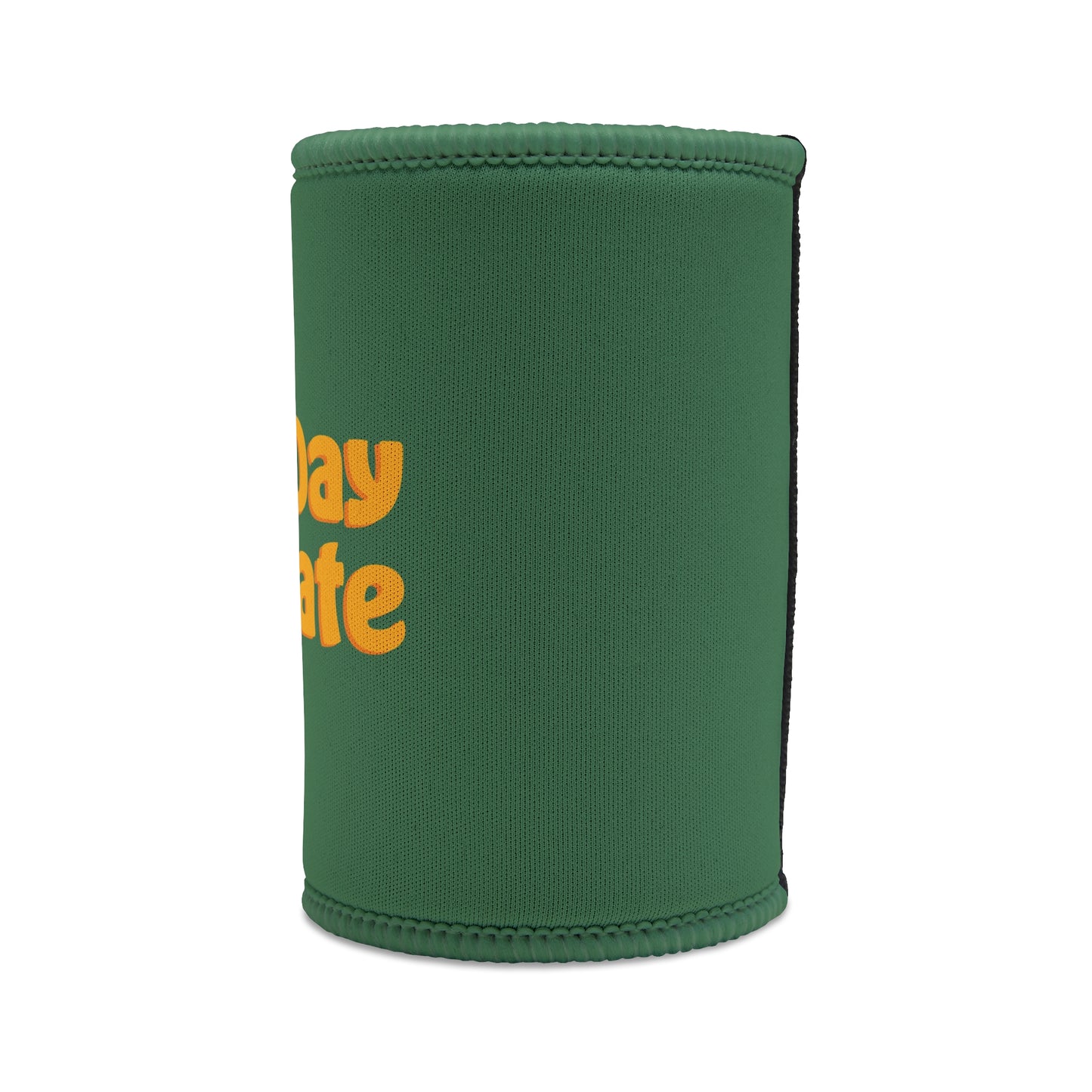 Green neoprene stubby cooler with bold orange G'Day Mate text, funny Aussie gift for mates