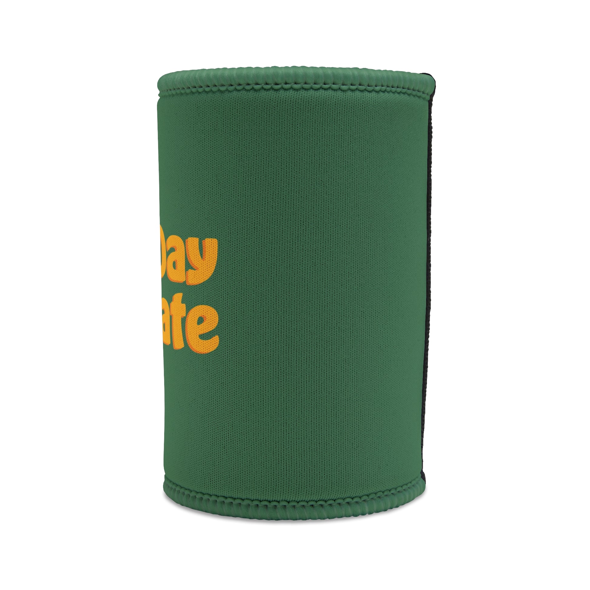 Green neoprene stubby cooler with bold orange G'Day Mate text, funny Aussie gift for mates