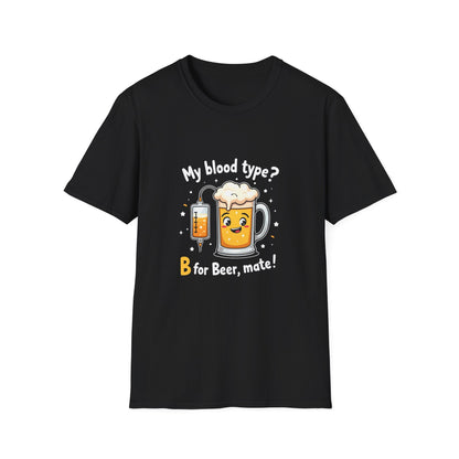 Black unisex t-shirt with cartoon beer mug and IV drip graphic, text reads My blood type? B for Beer, mate!