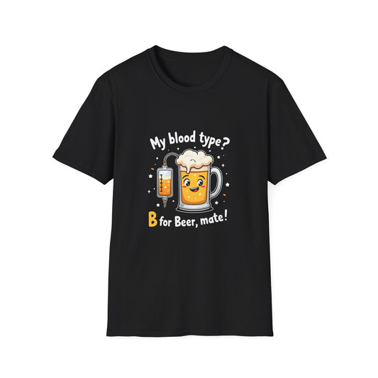 Black unisex t-shirt with cartoon beer mug and IV drip graphic, text reads My blood type? B for Beer, mate!