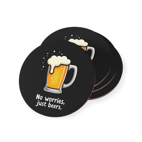 No Worries Coasters set of four, black round cork coasters with frothy beer mug graphic and 'No worries, just beers' text
