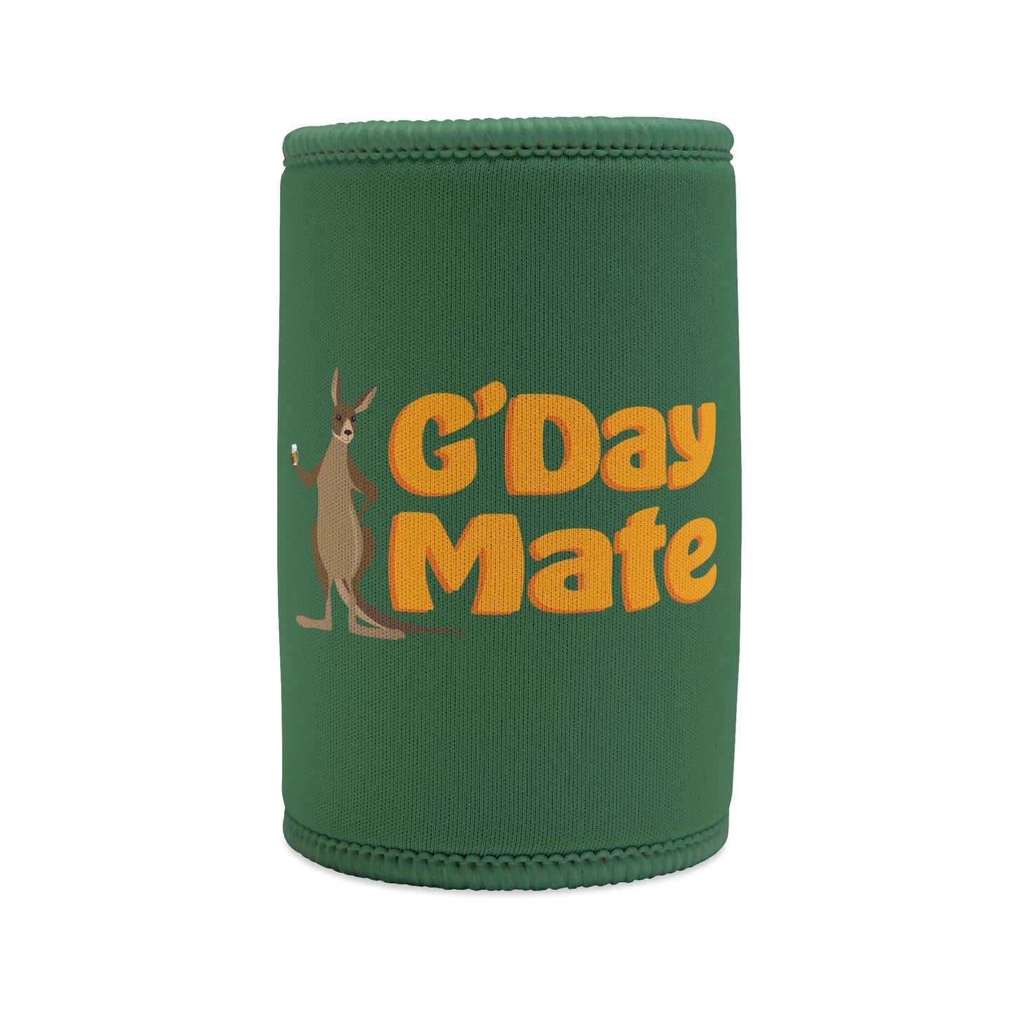 Green neoprene stubby cooler with kangaroo holding beer and bold orange G'Day Mate text. Funny Aussie gift.