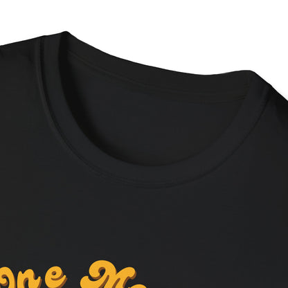 Black unisex t-shirt with bold gold retro text print, crew neck close-up — One More funny Aussie tee
