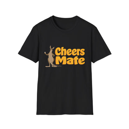 Cheers Mate black unisex t-shirt with kangaroo holding a beer and bold orange text. Funny Australian gift tee.