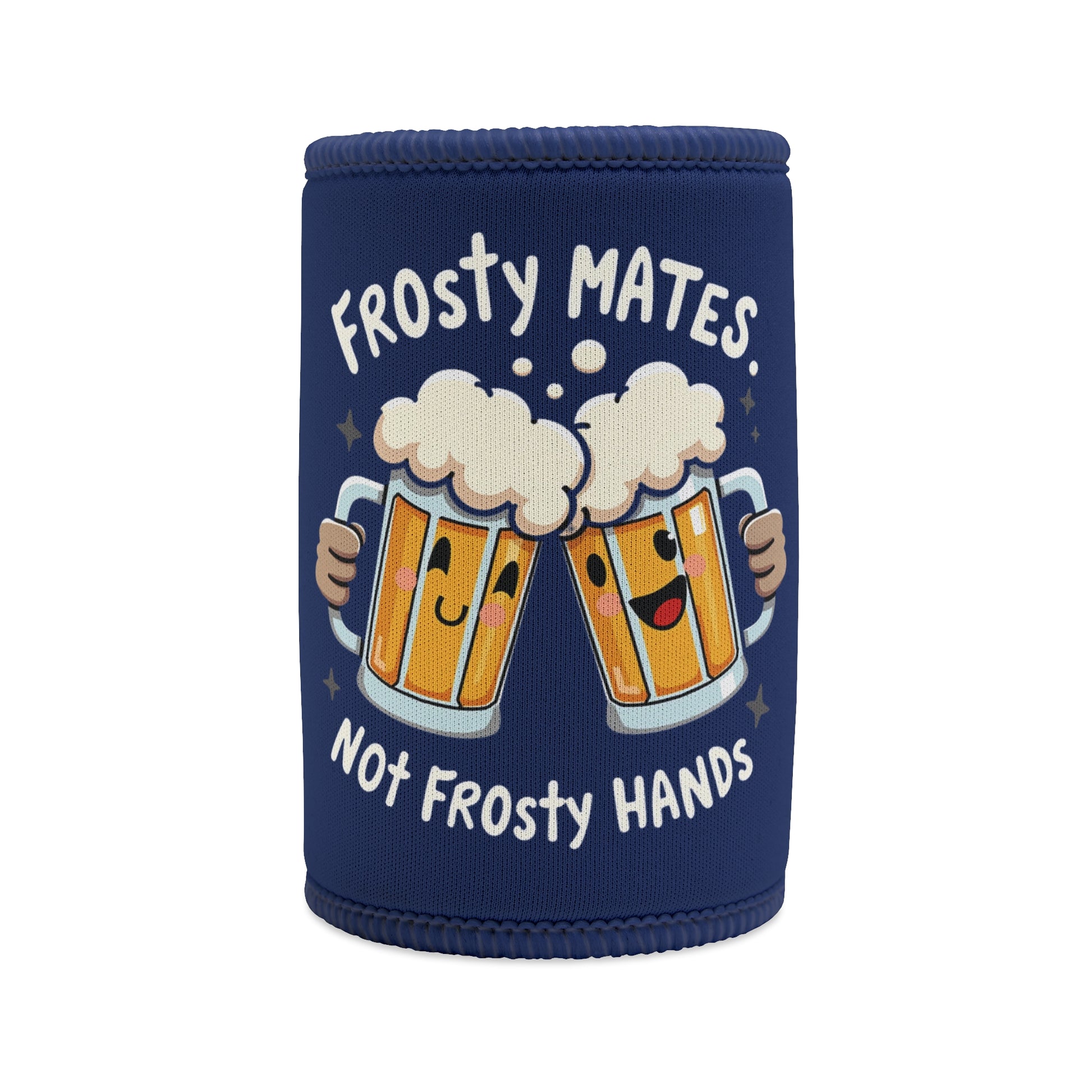 Frosty Mates Not Frosty Hands stubby cooler, navy neoprene with cartoon cheersing beer mugs graphic