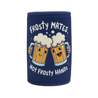 Frosty Mates Not Frosty Hands stubby cooler, navy neoprene with cartoon cheersing beer mugs graphic