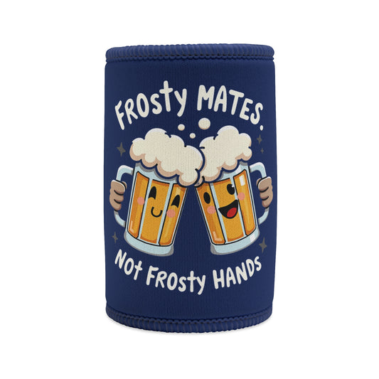 Frosty Mates Not Frosty Hands stubby cooler, navy neoprene with cartoon cheersing beer mugs graphic