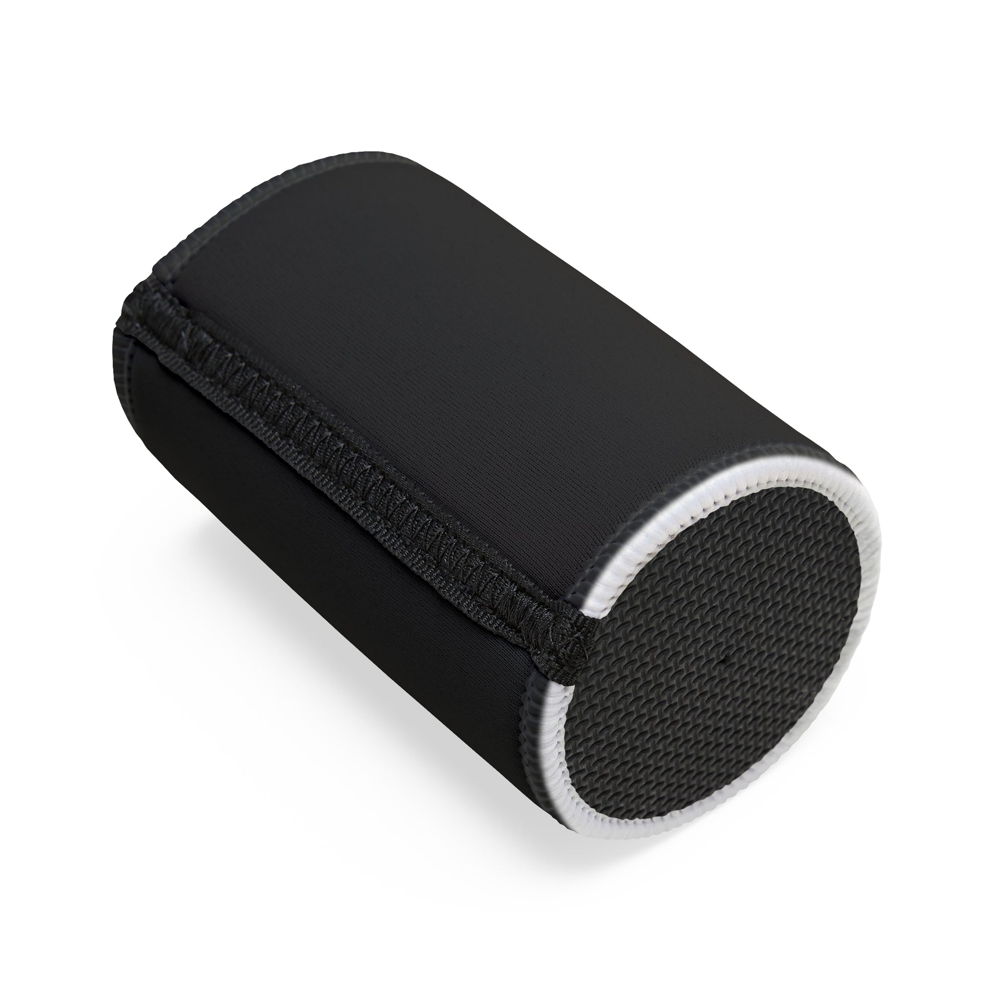 Stay Cool You Legend stubby cooler in black neoprene with white trim, shown on its side on white background