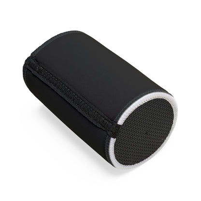 Stay Cool You Legend stubby cooler in black neoprene with white trim, shown on its side on white background