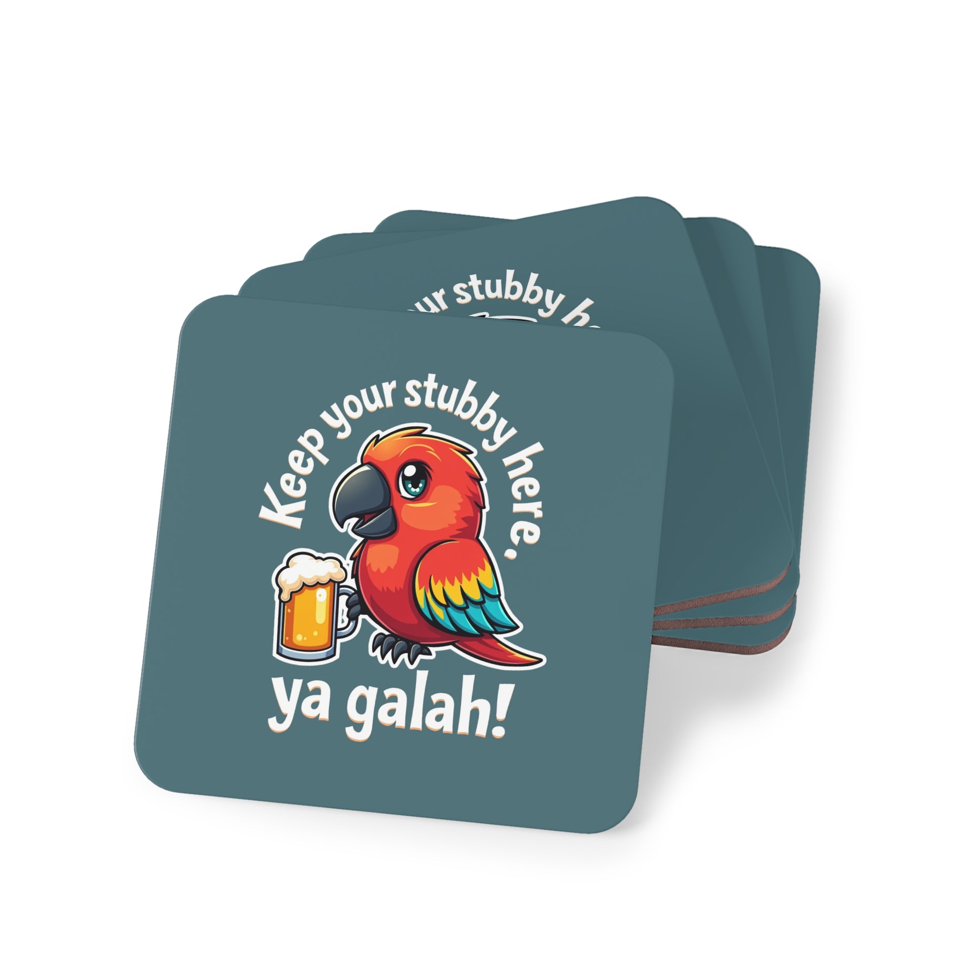 Keep Your Stubby Here Ya Galah coasters, teal set of 4 with cartoon parrot holding beer mug