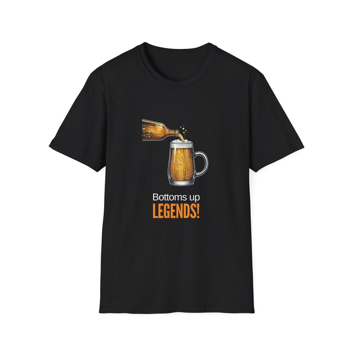 Black Bottoms Up Legends t-shirt with beer pour graphic, funny Aussie gift tee for blokes who love a cold one