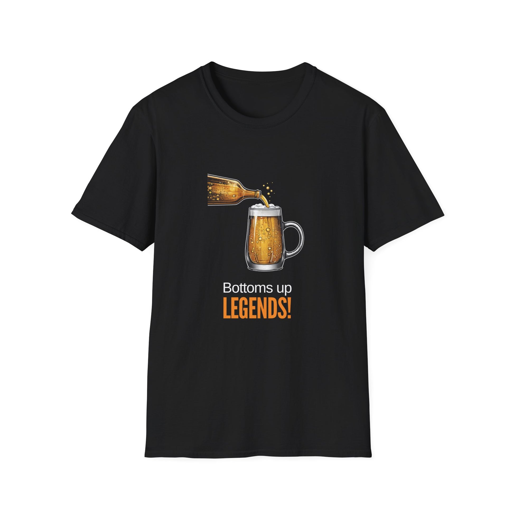 Black Bottoms Up Legends t-shirt with beer pour graphic, funny Aussie gift tee for blokes who love a cold one
