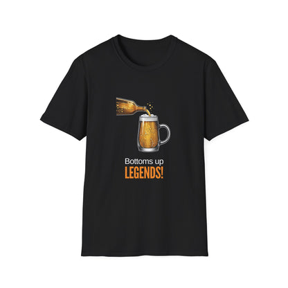 Black Bottoms Up Legends t-shirt with beer pour graphic, funny Aussie gift tee for blokes who love a cold one