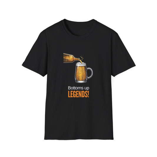 Black Bottoms Up Legends t-shirt with beer pour graphic, funny Aussie gift tee for blokes who love a cold one
