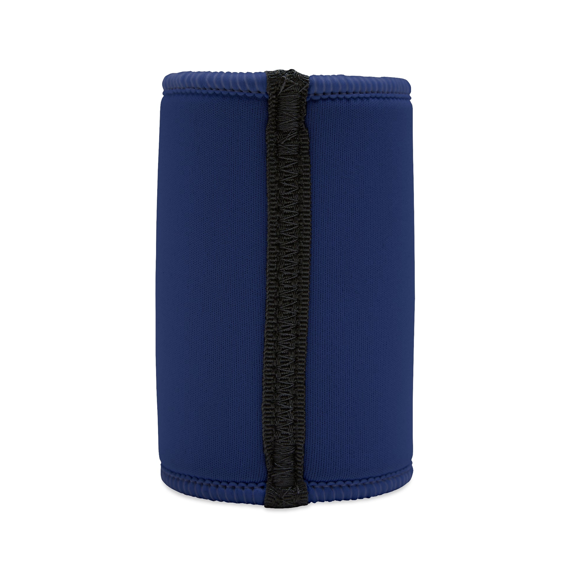 Drink Cold Live Bold Stubby Cooler in navy blue neoprene with black seam, back view