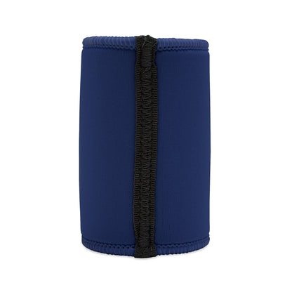 Drink Cold Live Bold Stubby Cooler in navy blue neoprene with black seam, back view