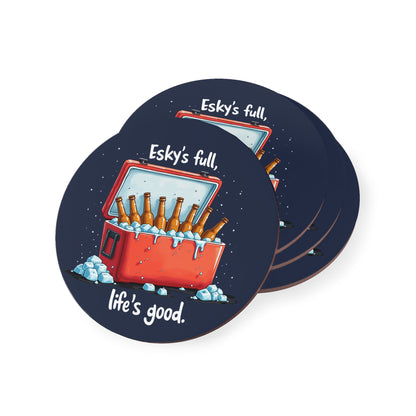 Esky's Full Coasters set, navy round drink coasters with red esky, beer bottles on ice and 'life's good' quote