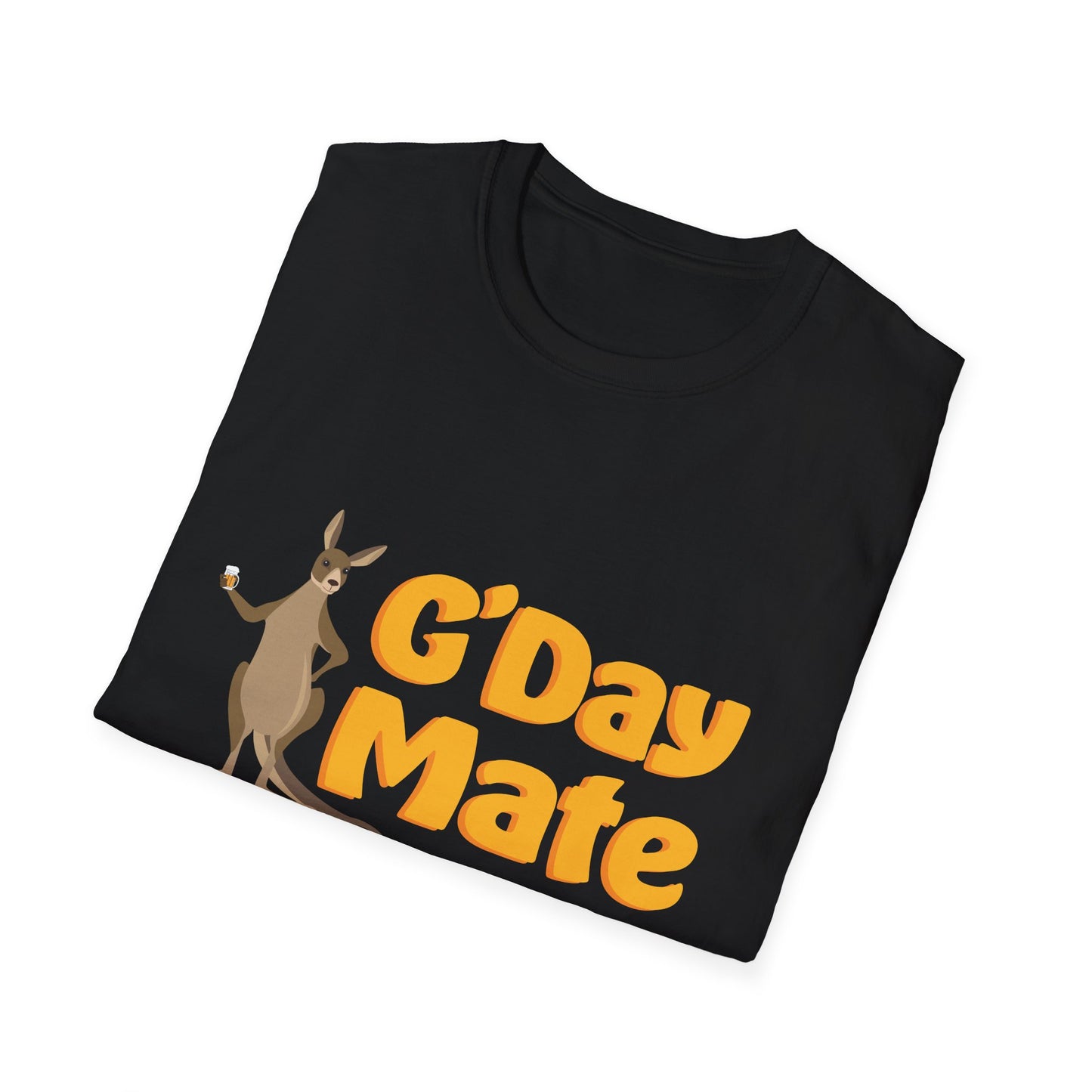 G'Day Mate black unisex t-shirt with kangaroo holding beer and bold orange text, folded flat view