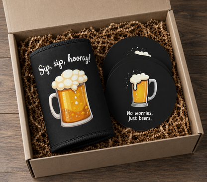 Dad's Drinking Kit bundle: black stubby cooler and coasters in gift box, beer mug print, funny Aussie gift