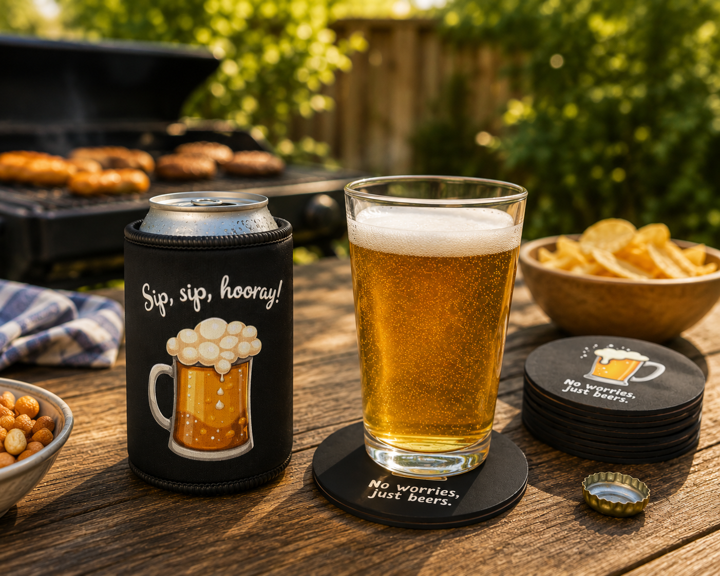 Dad's Drinking Kit bundle: black stubby cooler and coasters on outdoor barbie table with cold beer