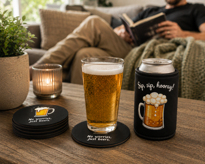 Dad's Drinking Kit bundle: black stubby cooler and round coasters with beer mug print on timber coffee table