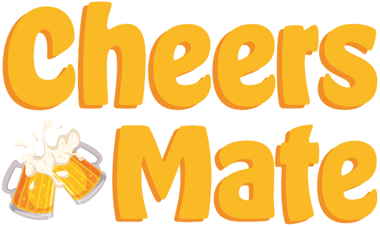 Text 'Cheers Mate' with a beer mug graphic on a white background
