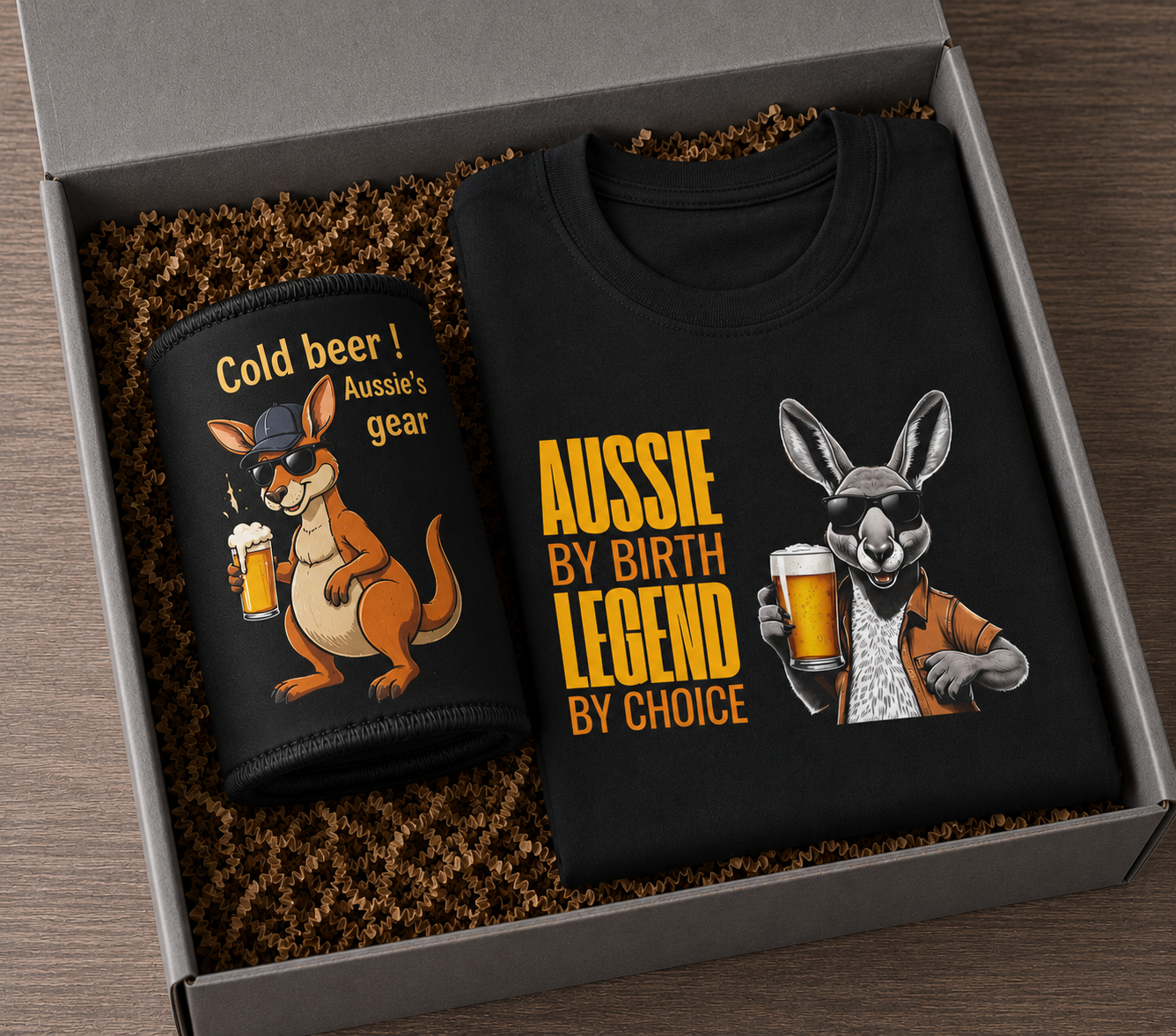 The Aussie Mate bundle: black stubby cooler and t-shirt with kangaroo beer graphics in a gift box
