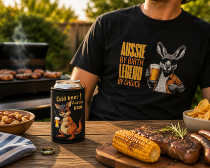 Aussie Mate bundle: black kangaroo stubby cooler and t-shirt worn at a backyard barbie with steak and corn