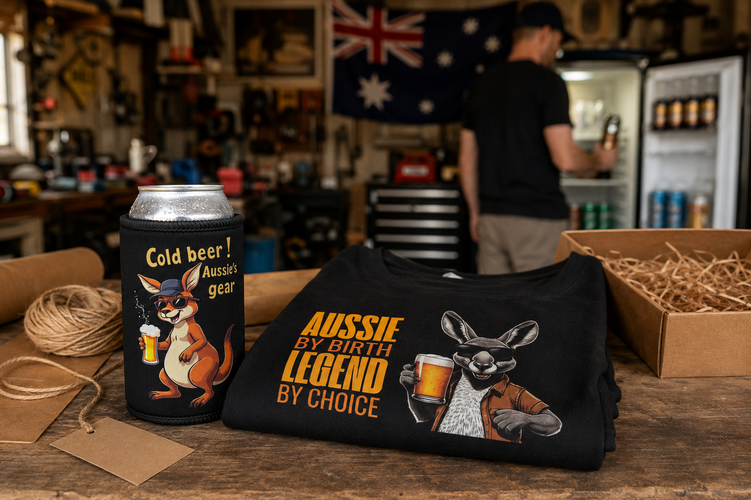 The Aussie Mate bundle: black kangaroo stubby cooler and t-shirt on workshop bench, Australian flag in background