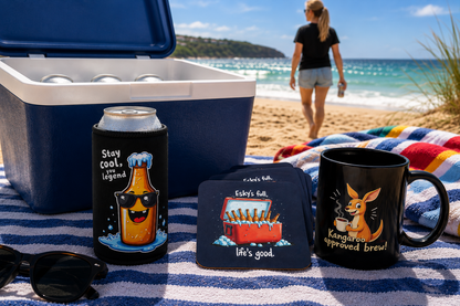 Pub Crawl gift bundle: black stubby cooler, esky coasters and kangaroo mug on a striped beach towel by the ocean