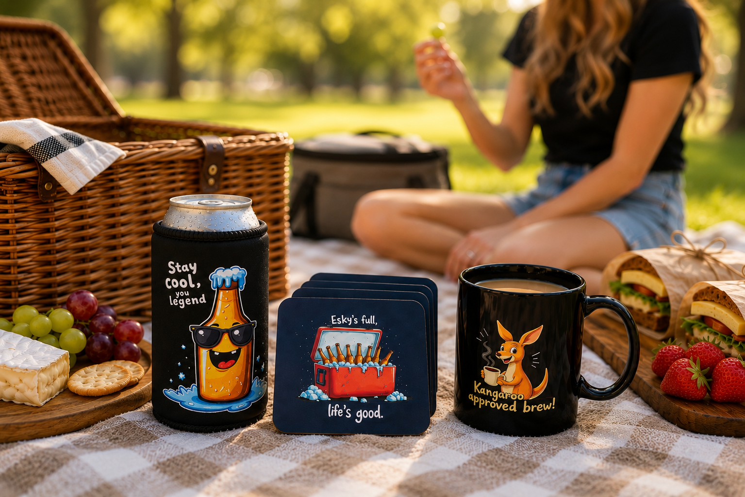 Pub Crawl gift bundle: black stubby cooler, coasters and kangaroo mug at a sunny Aussie picnic
